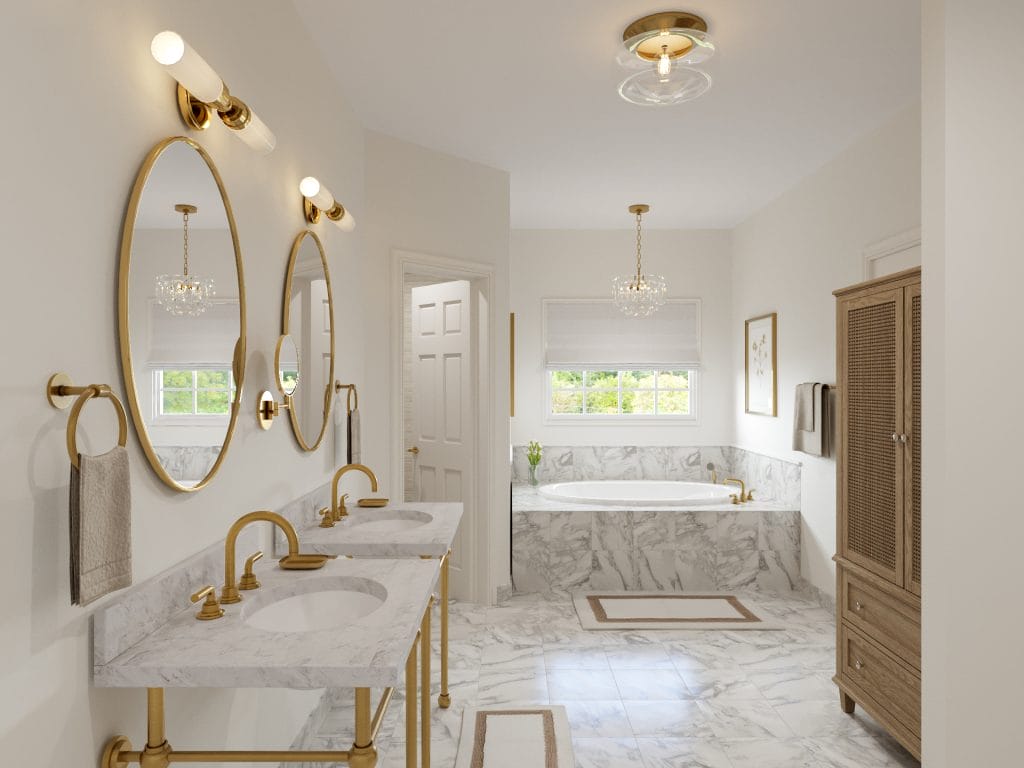 A glamorous bathroom with statement lighting, eclectic glam interior design by Decorilla