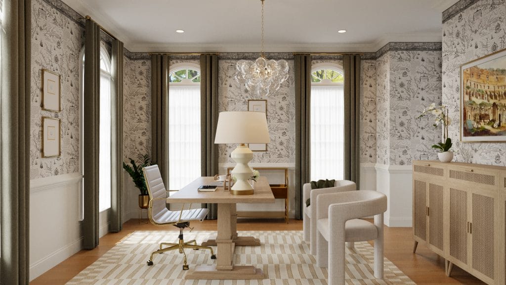 A luxurious home office with a seamless blend of eclectic glam decor elements by Decorilla