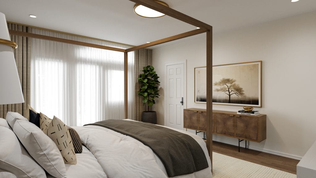 A modern organic bedroom interior, pairing natural finishes with subtle luxury by Decorilla