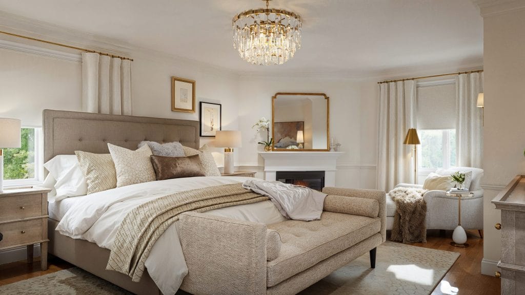 A perfect retreat, this eclectic glam bedroom by Decorilla exudes elegance and charm