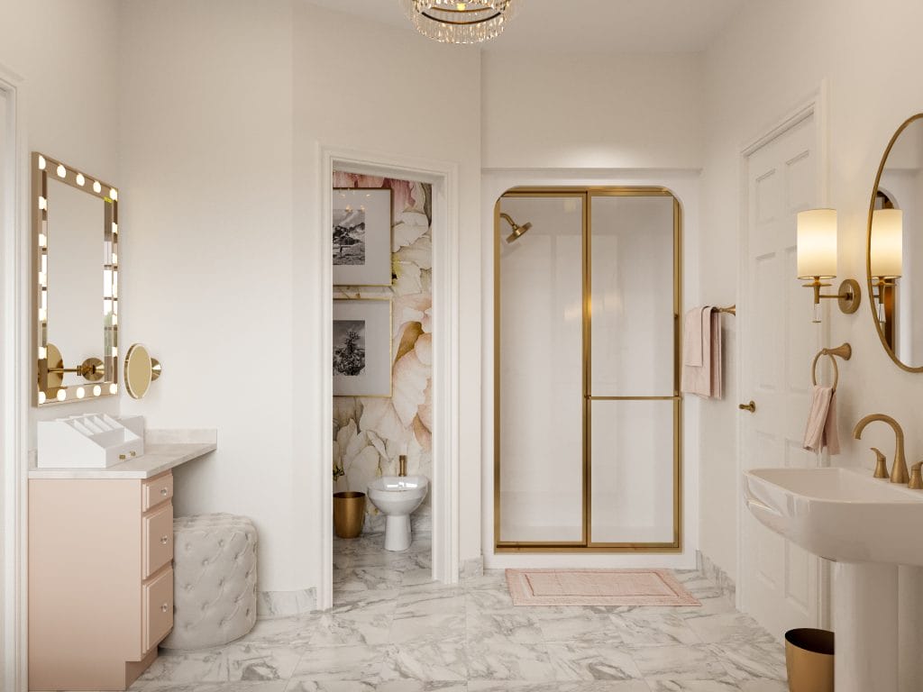 A stunning bathroom filled with eclectic glam decor, by Decorilla