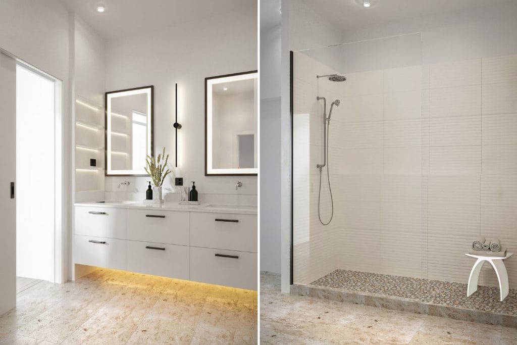 An airy bathroom layout underscores a contemporary luxe interior design by Decorilla