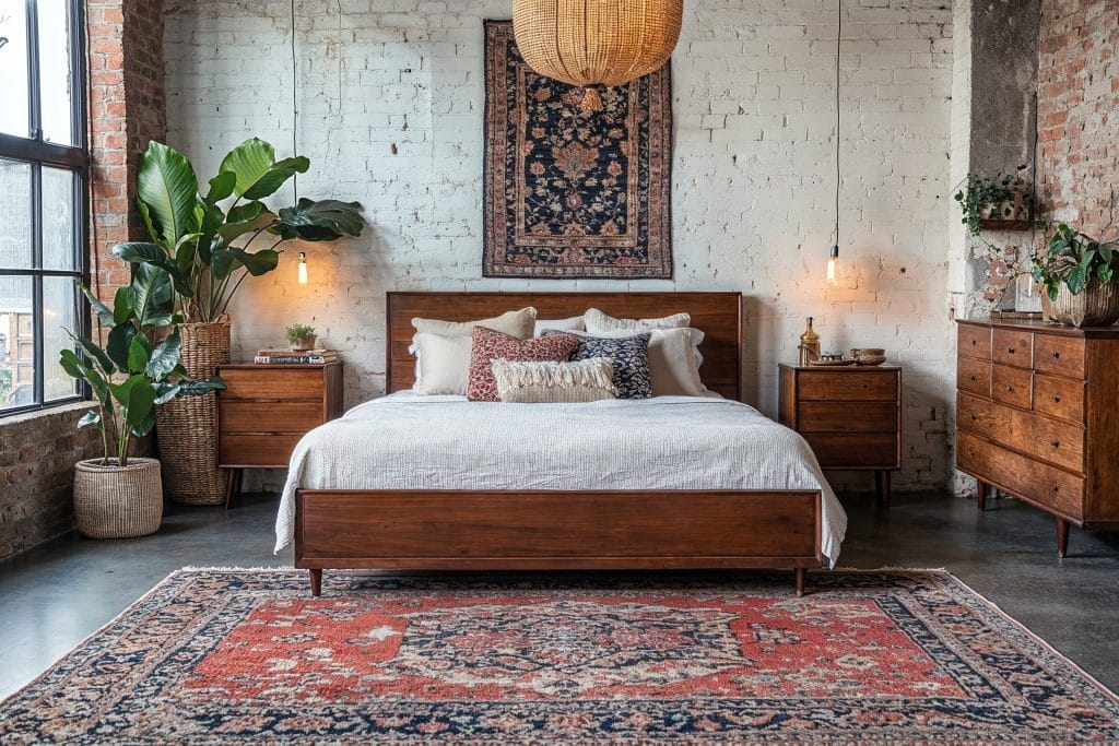 Boho loft bedroom with industrial chic furniture by DECORILLA