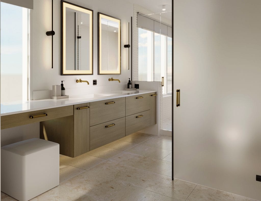 Clean lines and rich textures in a luxury bathroom interior by Decorilla