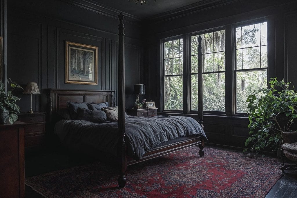 Dark academia bedroom interior design featuring antique furniture, by Decorilla