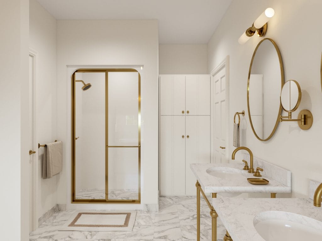 Metallic accents bring energy to this eclectic glam bathroom by Decorilla