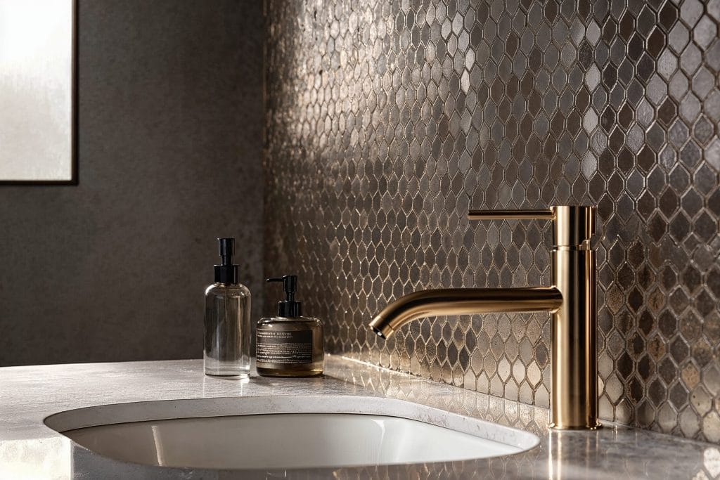 Metallic bathroom backsplash tile trend by Decorilla