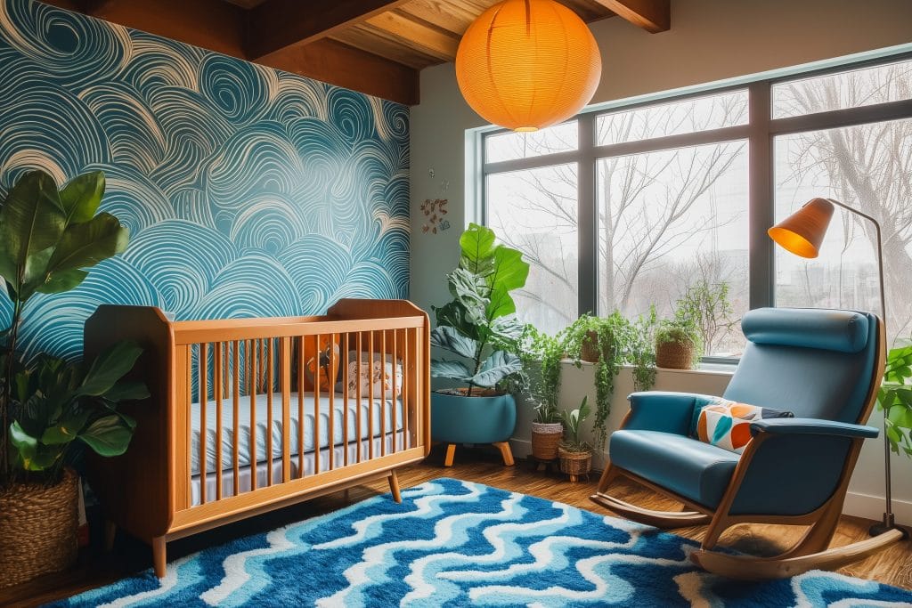 Mid-century modern nursery with a subtle ocean theme by Decorilla