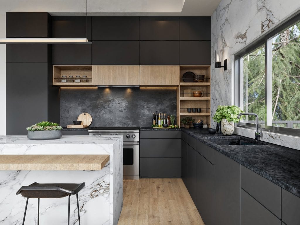 Minimal charcoal black kitchen design by Decorilla designer, Shasta P. .jpeg