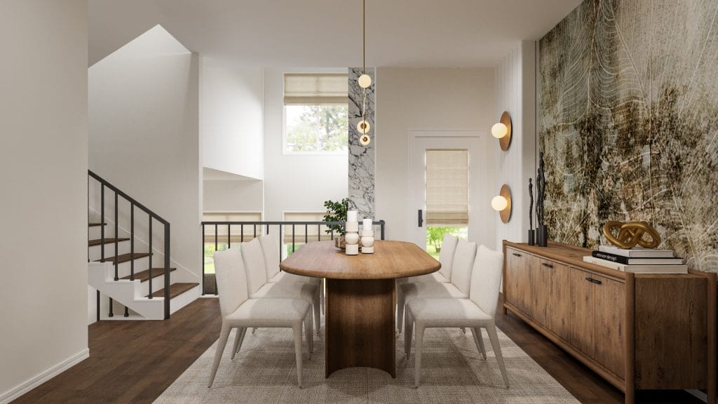 Minimalist modern organic decor with earthy tones in a dining room by Decorilla