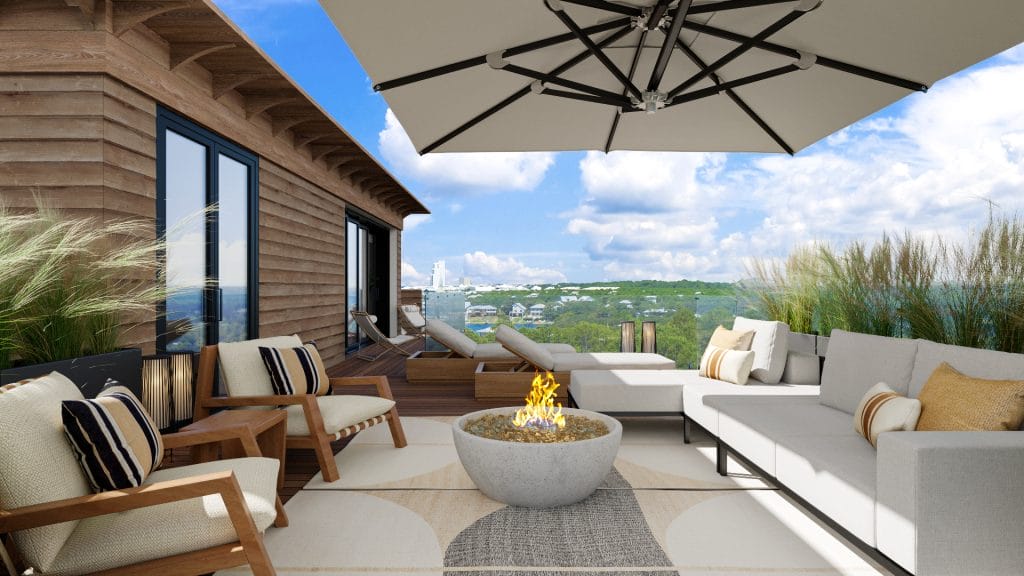 Modern elegance meets timeless materials in this luxury contemporary rooftop patio design by Decorilla