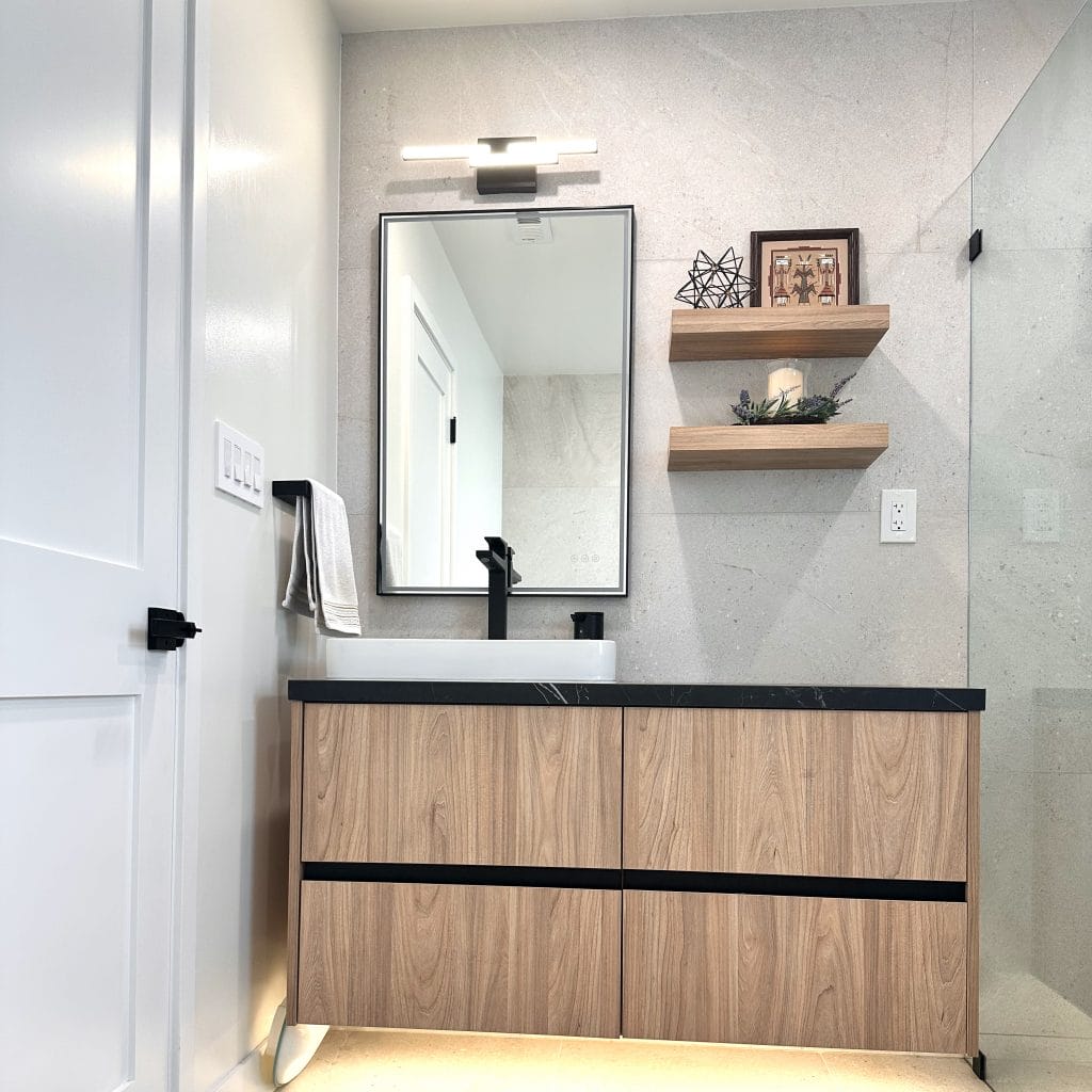 Modern minimalist bathroom vanity area by Decorilla