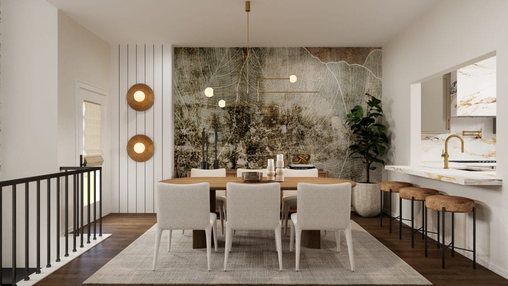 Modern organic dining room decor with greenery and light tones by Decorilla