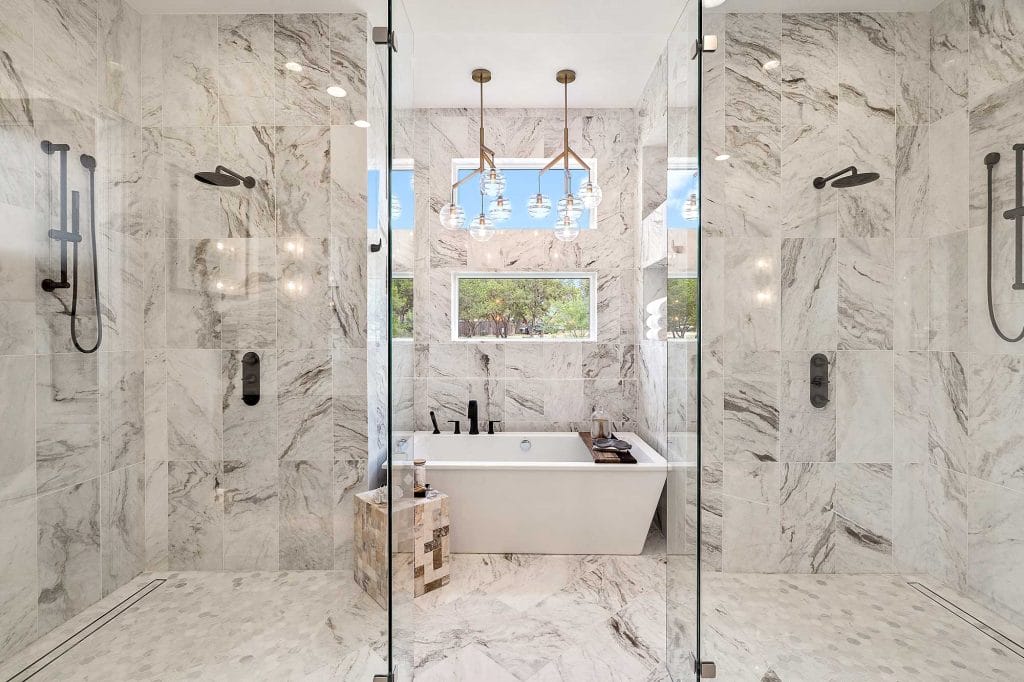 Natural beauty of stone in current bathroom tile trends by Decorilla designer, Candis G.