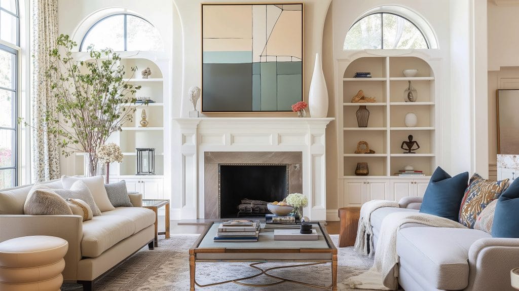 Neutral transitional living room by Decorilla designer, Jason D. 