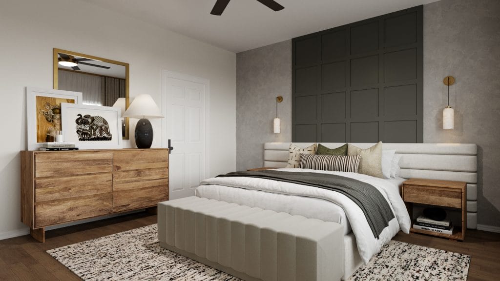 Organic modern style bedroom with natural wood accents by Decorilla