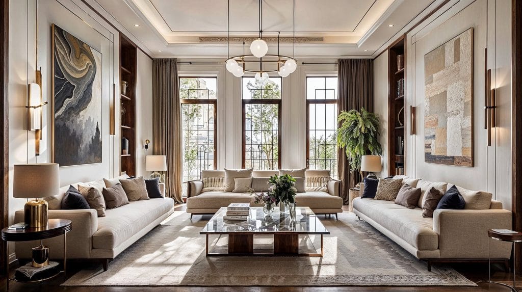 Neutral hues and bold accents in this modern classic living room interior by Decorilla