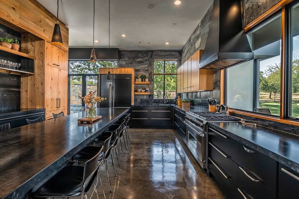 Transitional black kitchen with industrial range hood by DECORILLA