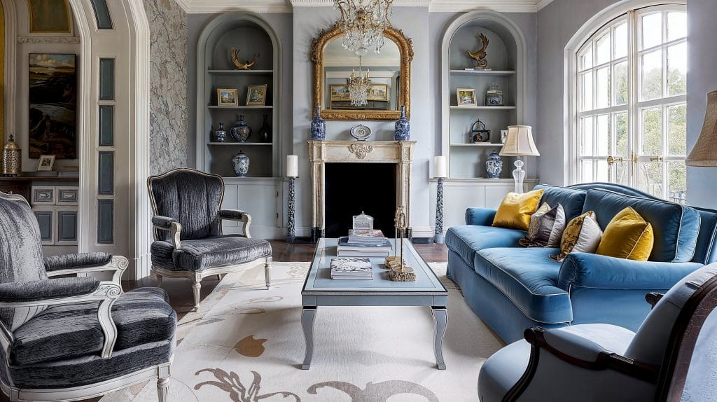 Velvet textures and mirrored surfaces in an eclectic glam living room by Decorilla