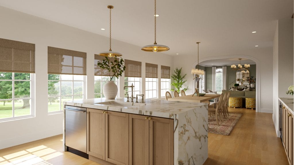 White kitchen full of rich textures, featuring eclectic glam design by Decorilla