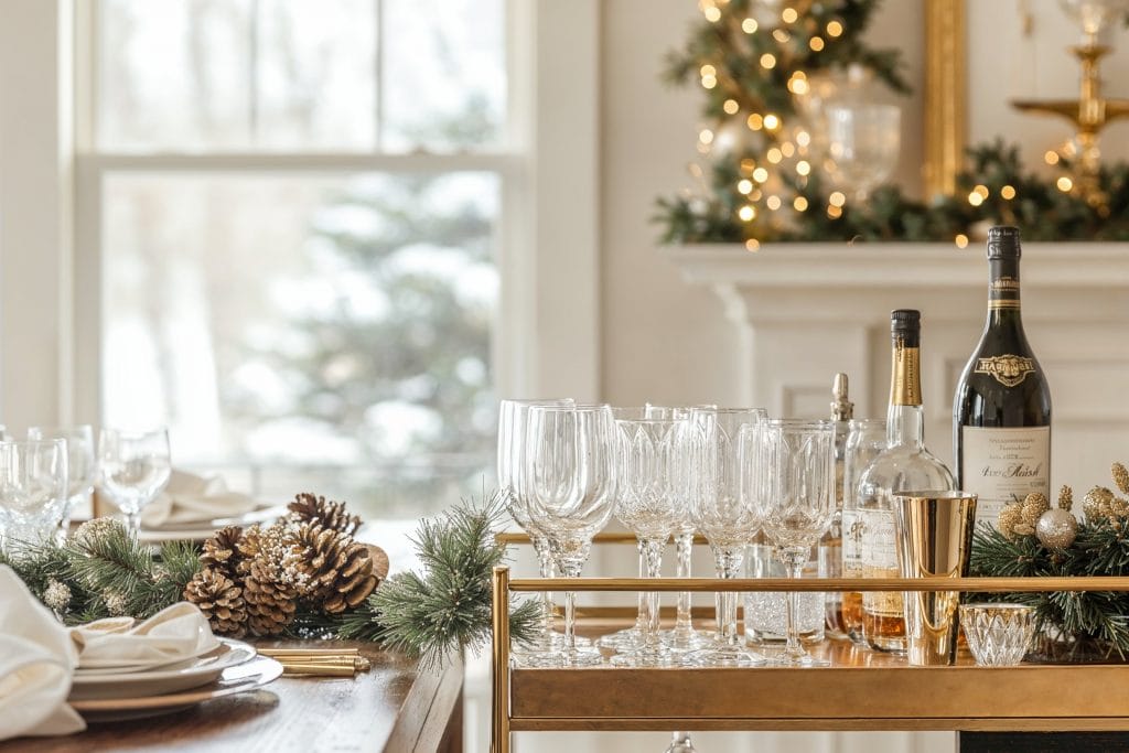 A holiday-ready bar cart in a dining room by Decorilla