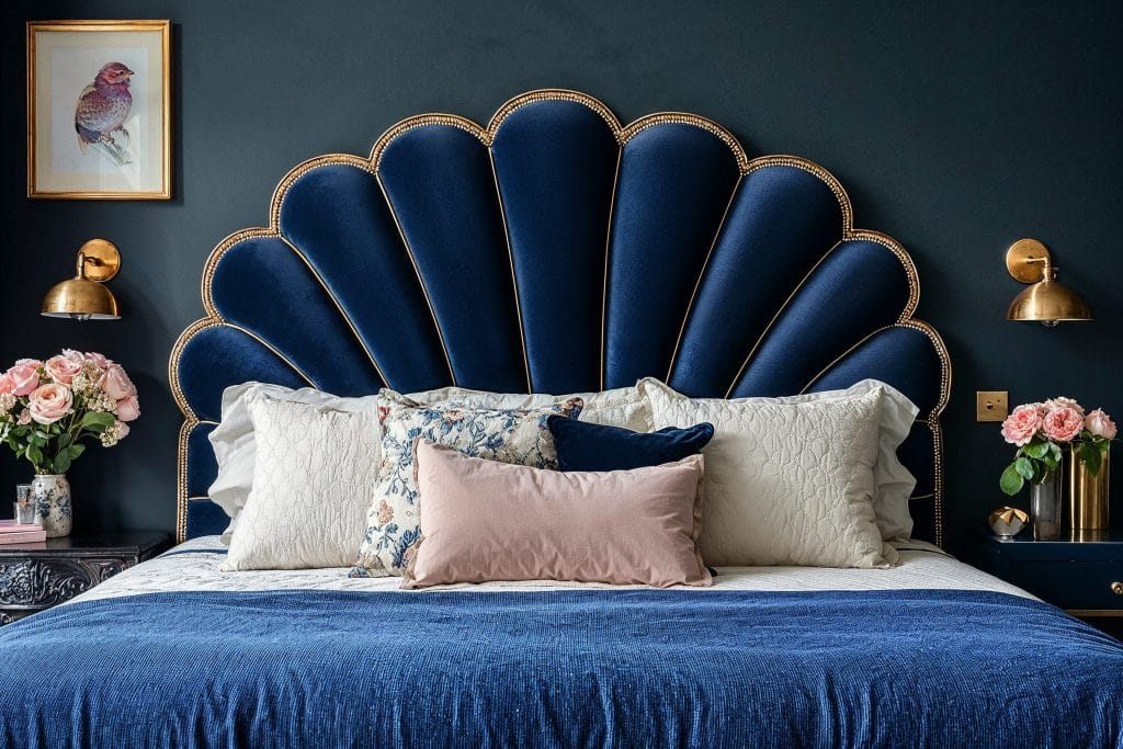 A plush, scalloped, velvet sofa in an Art Deco bedroom design by Decorilla