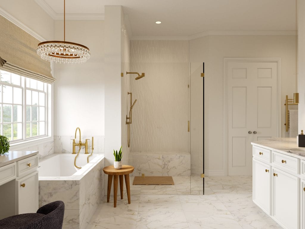 Airy, transitional decorating style in a bathroom by Decorilla