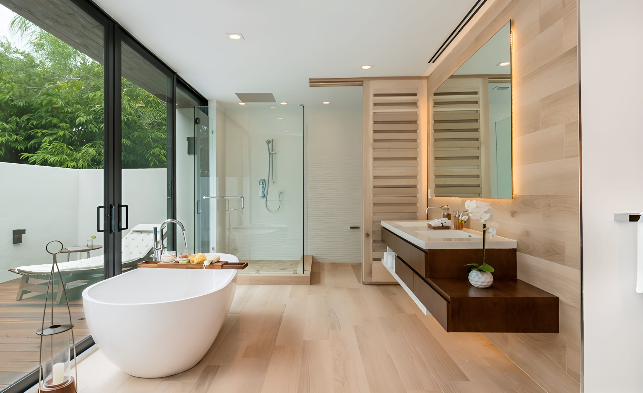 Contemporary bathroom with smart mirror by Decorilla designer, Taize M. 