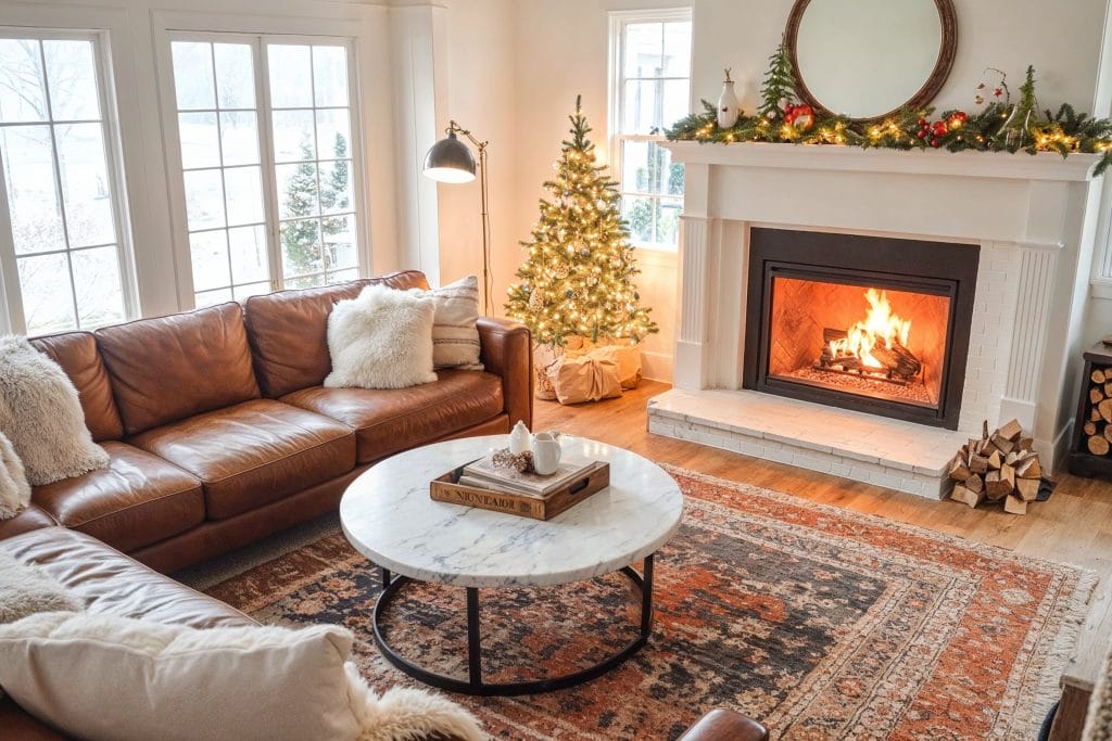 Cozy living room with illuminated holiday decor by Decorilla