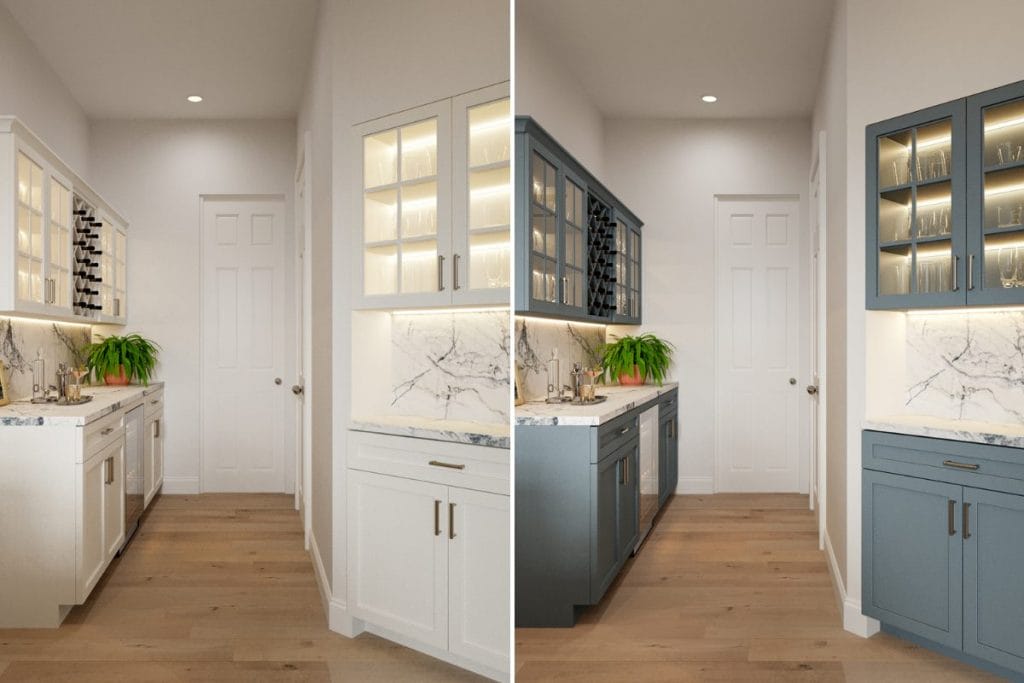 Different options for transitional style wet bar design by Decorilla