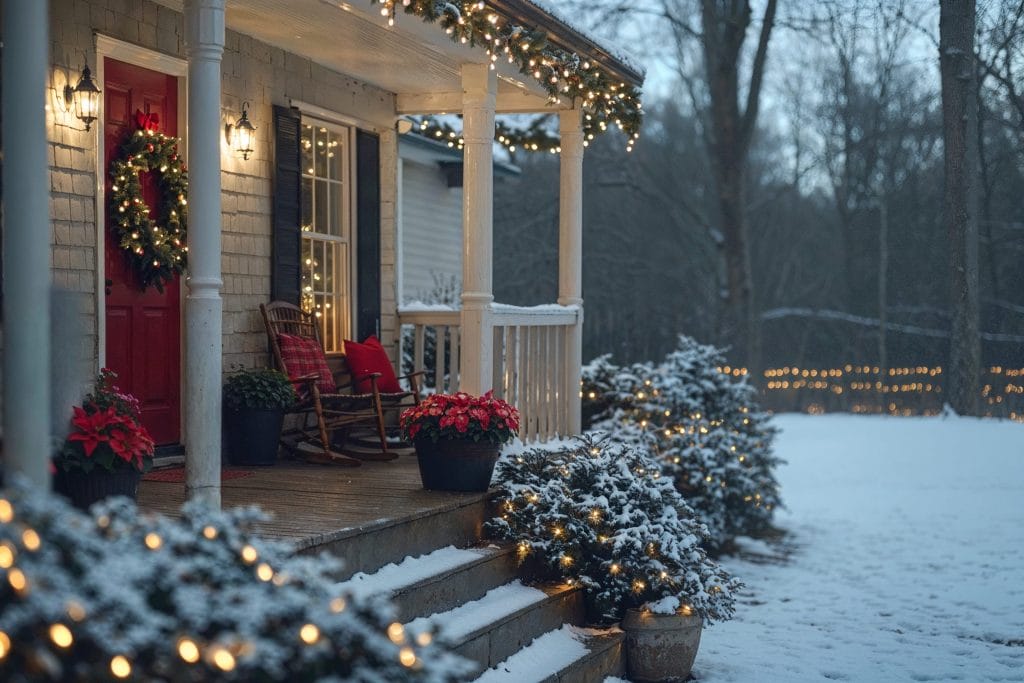 Festive front porch with lights and evergreens by Decorilla