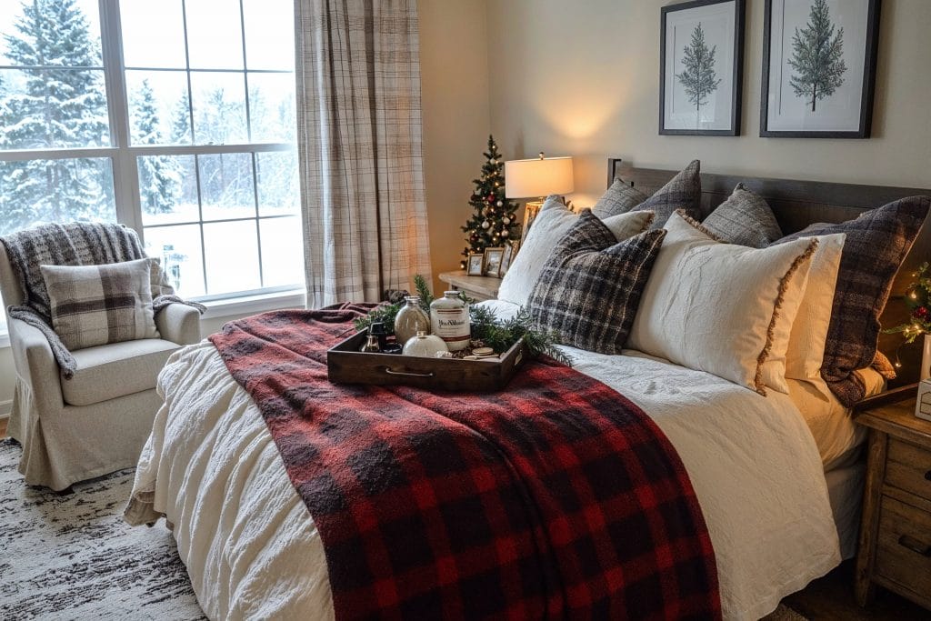 Guest room prepped with festive holiday hosting touches by Decorilla