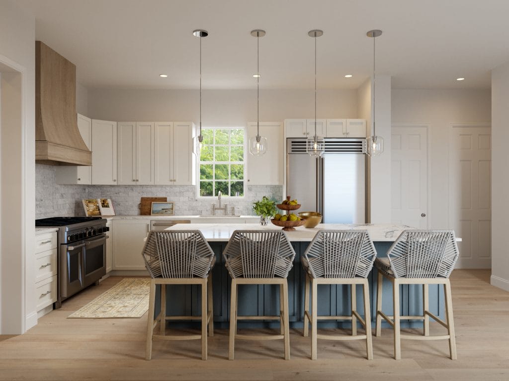 Layered tones and textures define this transitional style kitchen by Decorilla