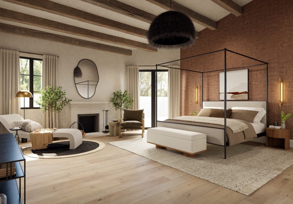 Mediterranean inspired bedroom with rustic wood beams, by Decorilla