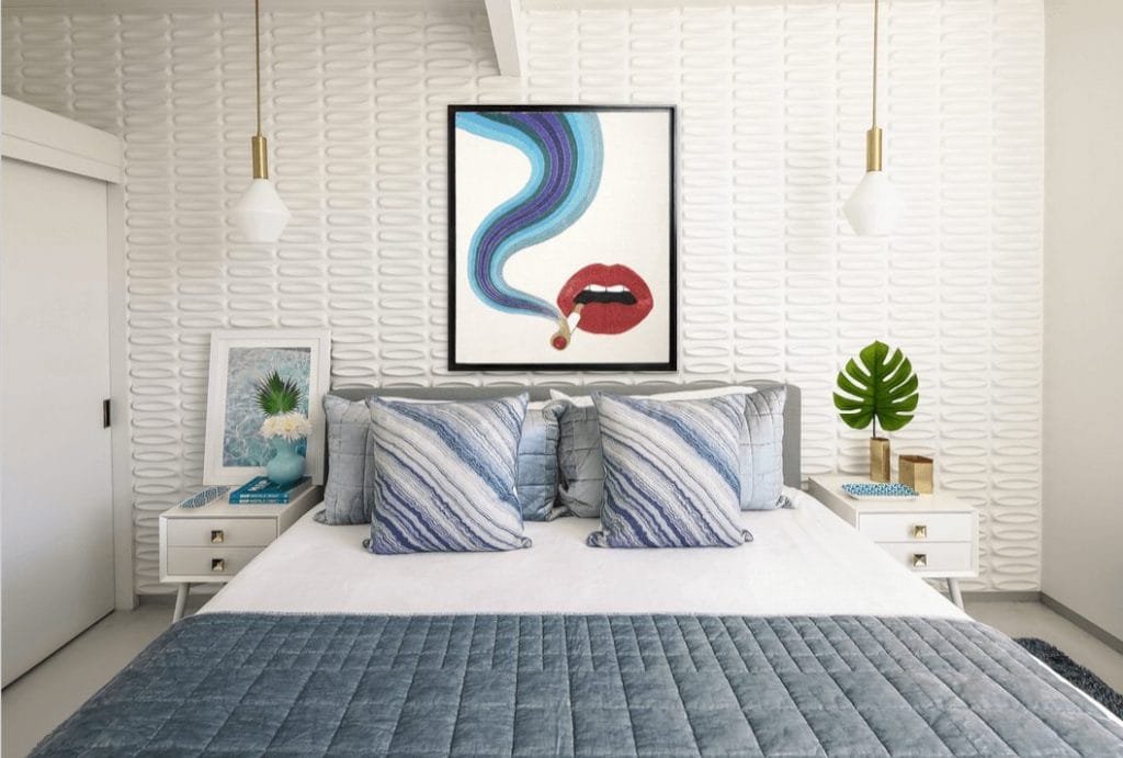 Modern mid century bedroom style accent wall by DECORILLA designer, Michelle B. 