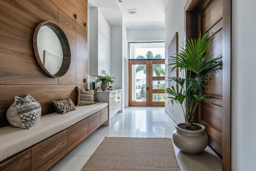 Natural wood texture in a vibrant modern eclectic entryway interior by Decorilla