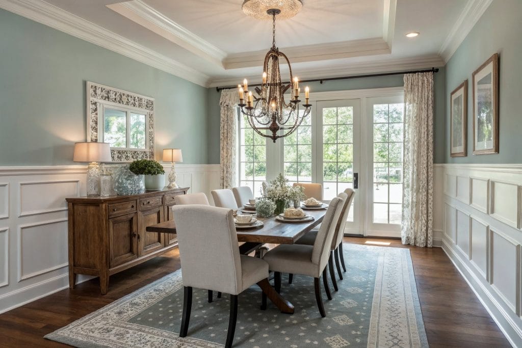 Neutral green tones of sage and moss in a dining room by Decorilla