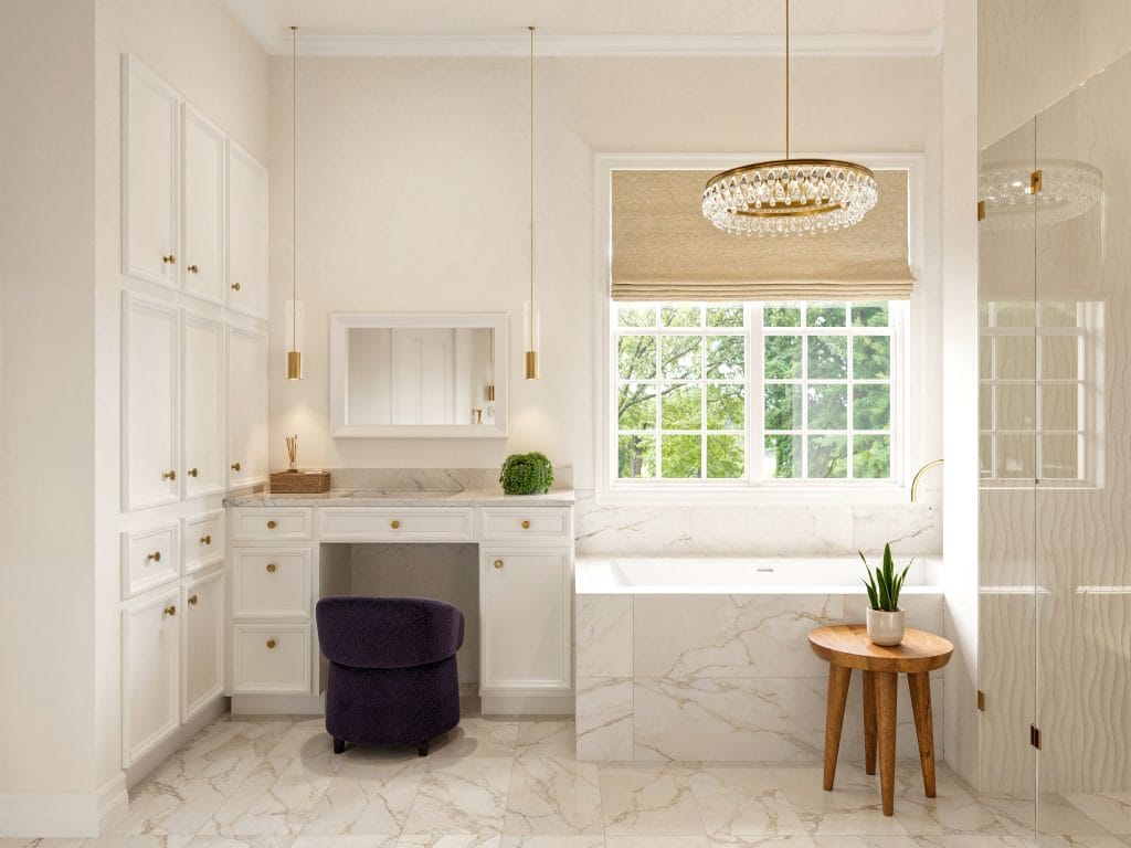 Neutral tones and transitional home decor in a bathroom by Decorilla