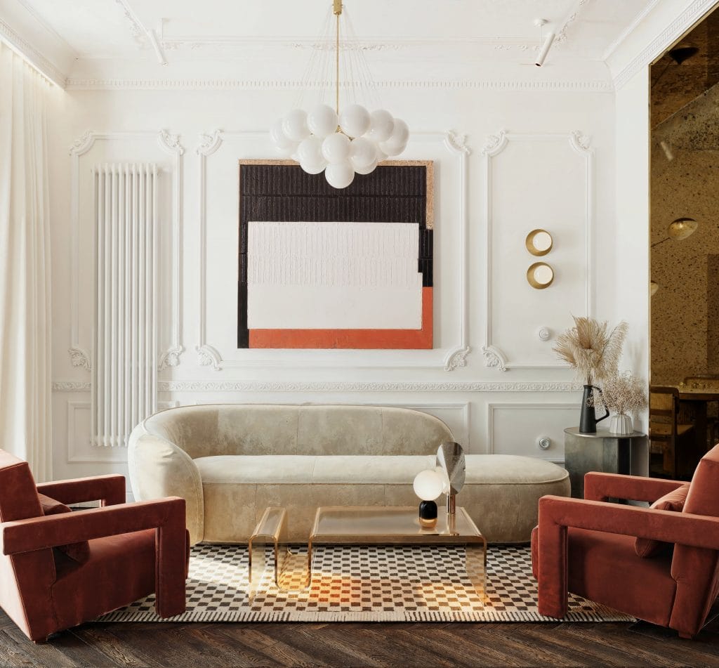 Parisian modern furniture in a living room by Decorilla designer, Kristina B.