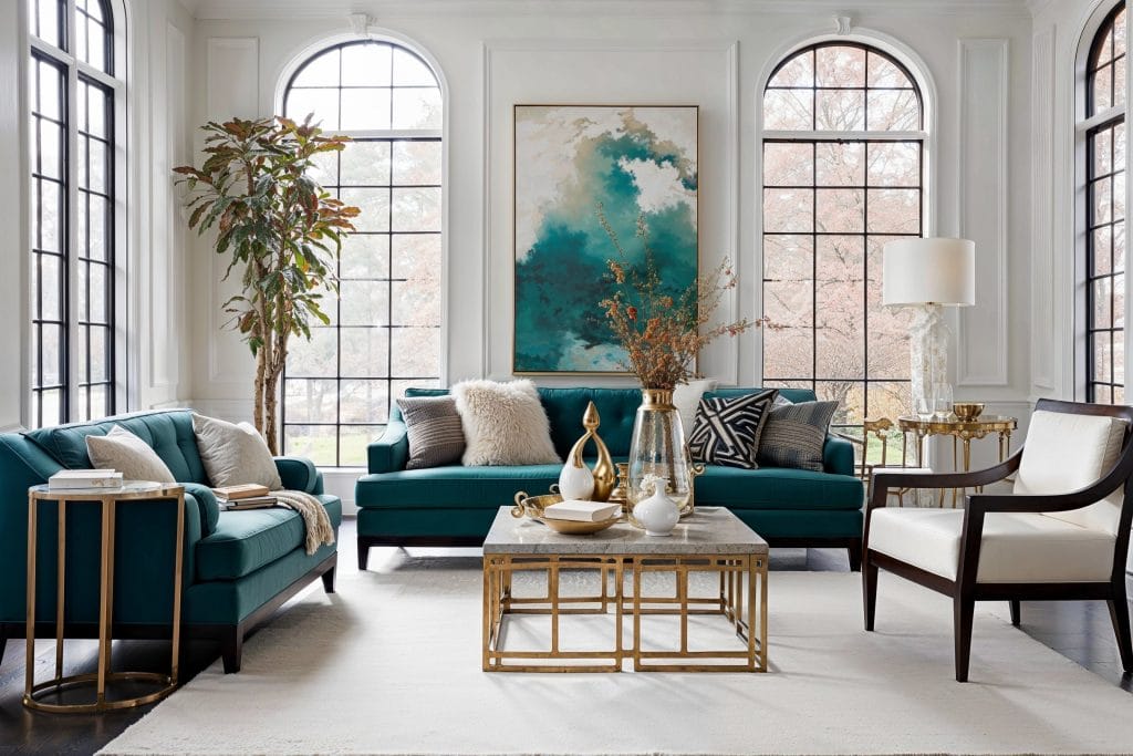 Plush velvet and metallic geometry embody 1920s decor style in this living room by Decorilla