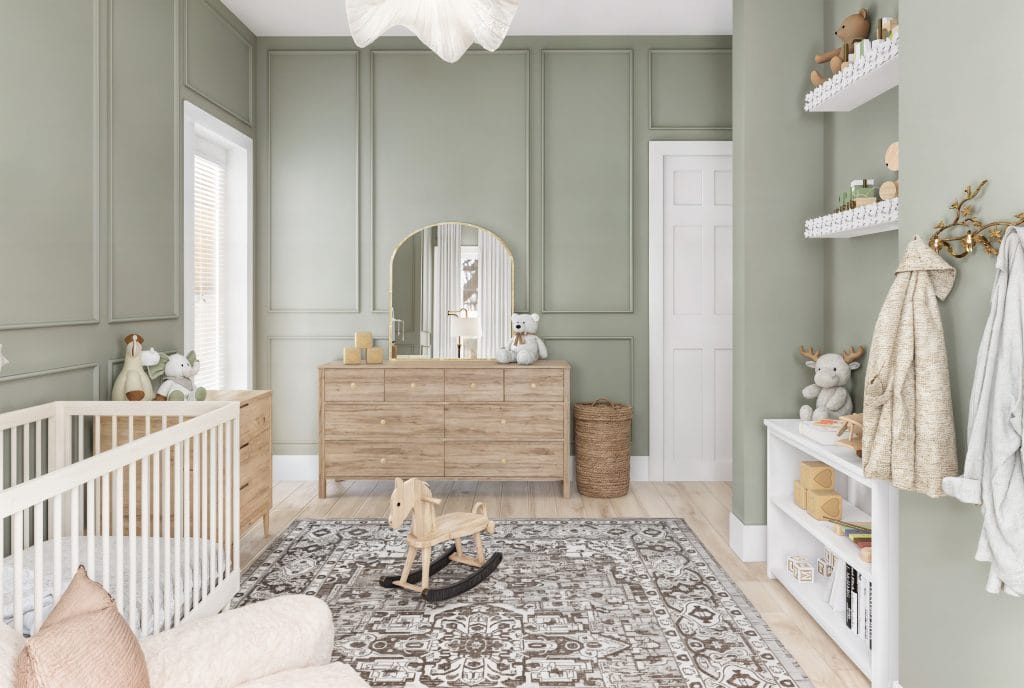 Sage green neutral nursery design by Decorilla