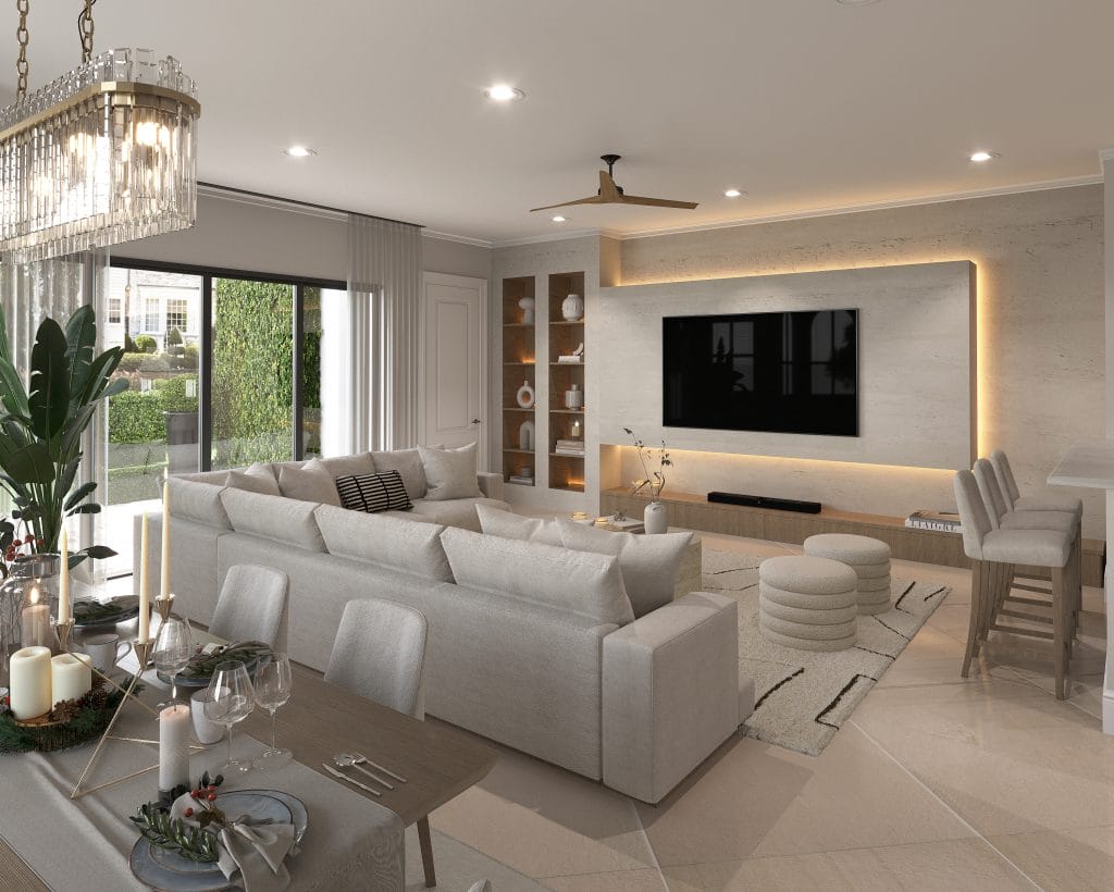 Soft neutrals and a white luxury sofa in an inviting living room by Decorilla