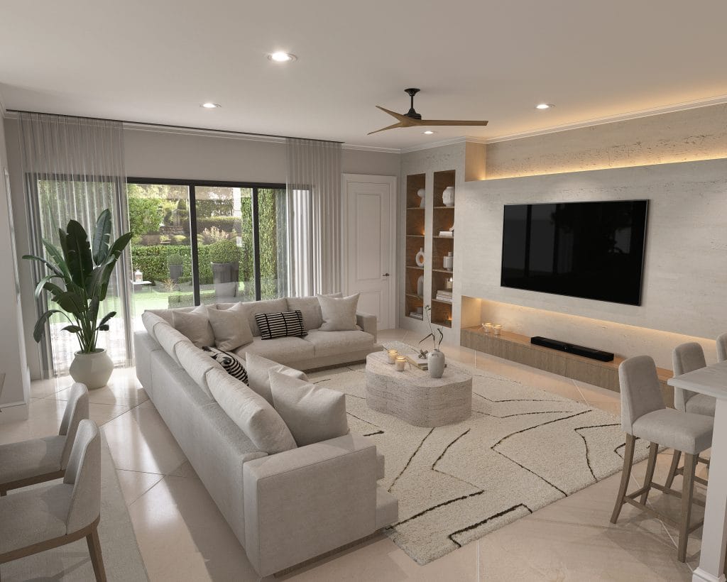 Soft textures in a white luxury modern living room by Decorilla