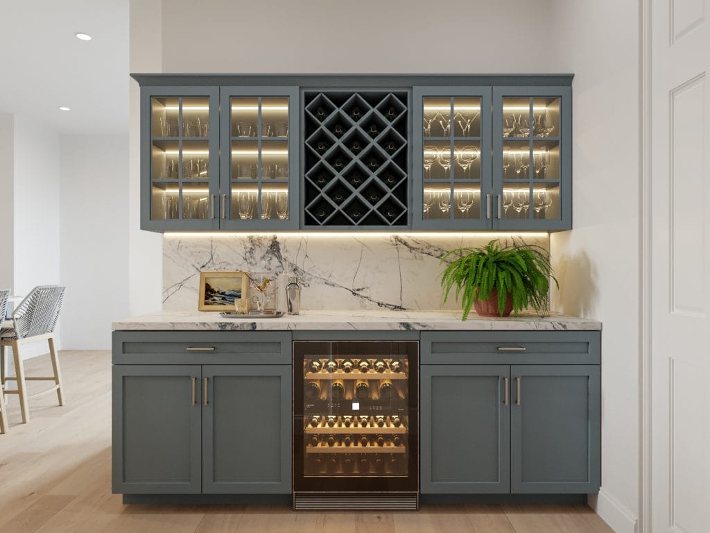 Stylishly simple wet bar with transitional home decor accents by Decorilla