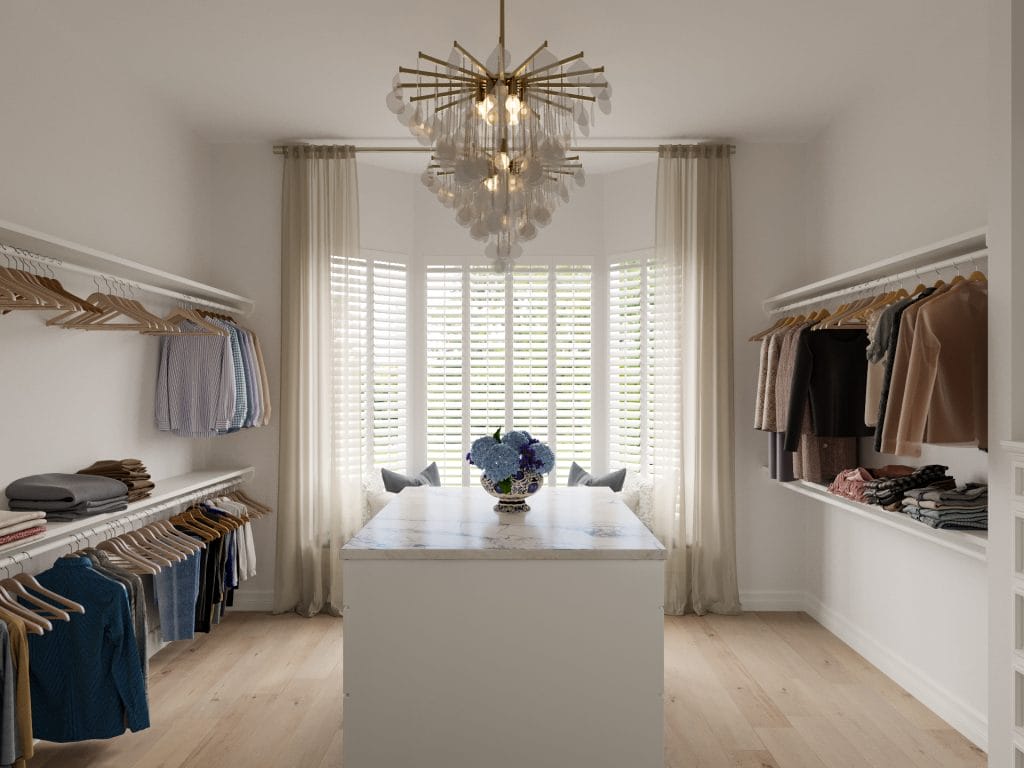 Transitional home decor at its finest in a master closet by Decorilla