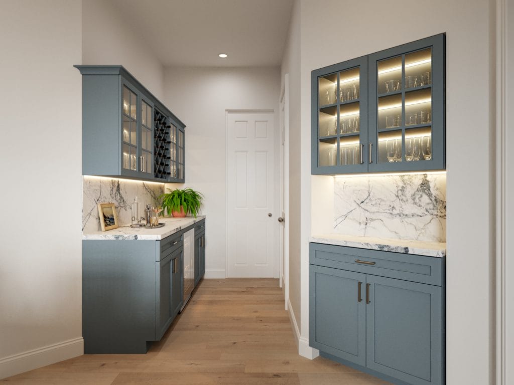 Transitional home decor bringing modern twist on classic elegance in wet bar by Decorilla