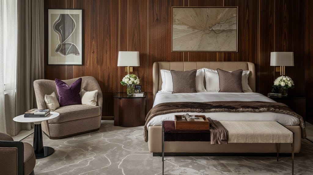 Transitional mid century bedroom design by DECORILLA