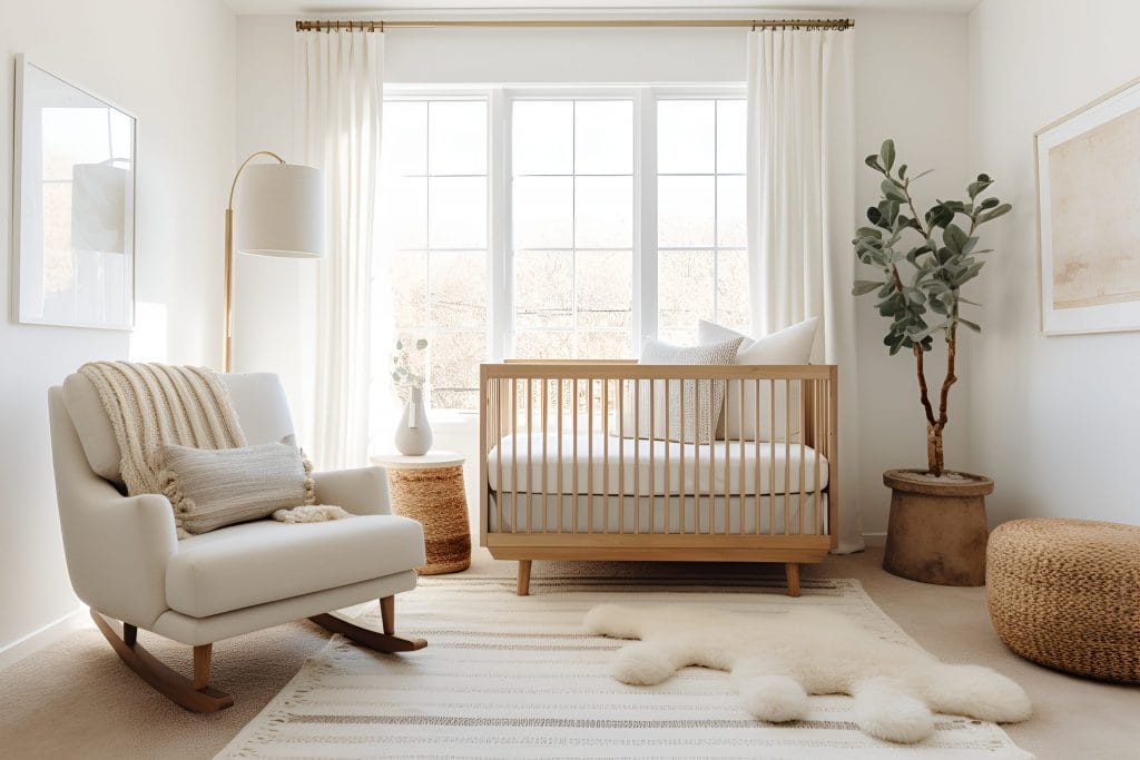 Warm wood tones in a neutral nursery room by Decorilla