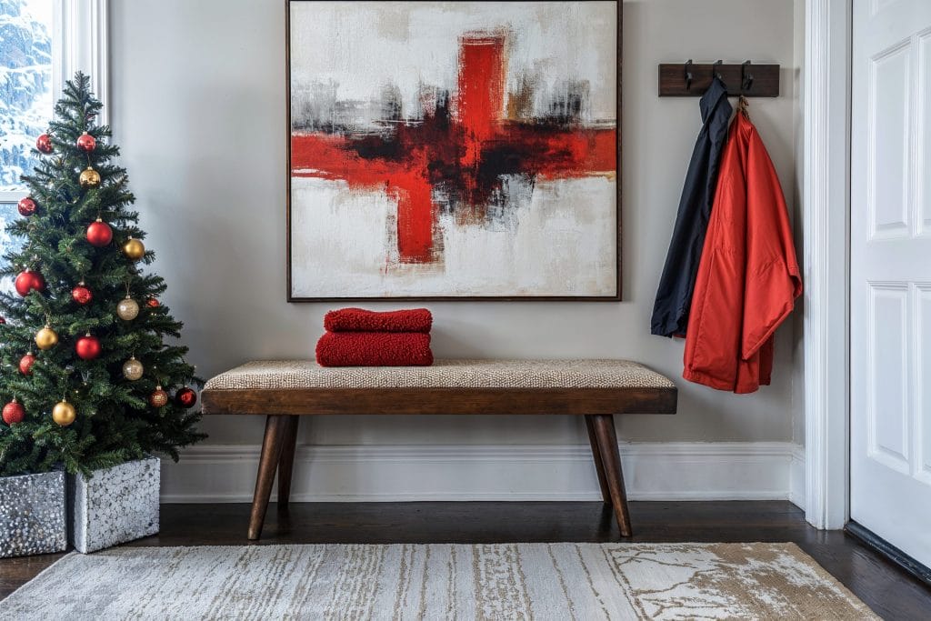 Welcoming, holiday-ready home entryway with a mini Christmas tree, by Decorilla