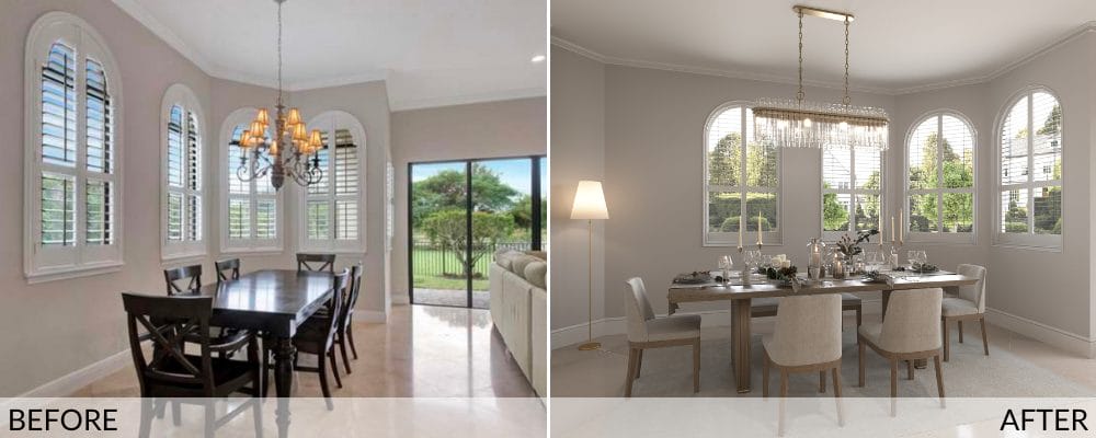 White dining room before and after design by Decorilla